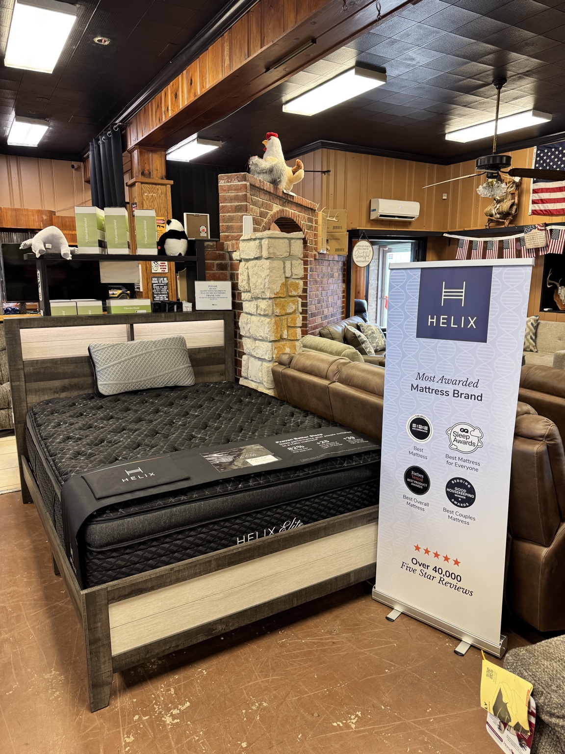 Helix Elite mattress and Helix display in the BoxDrop Exit 210 showroom in Cuba, Missouri